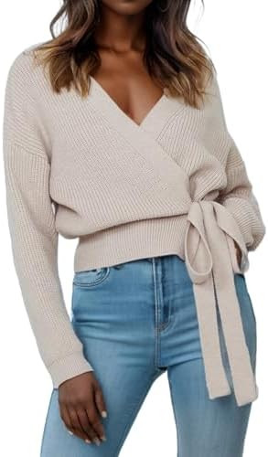 Women's Casual V Neck Wrap Sweater Pullovers Lightweight Ribbed Drop Shoulder Knitted Tops | Amazon (US)