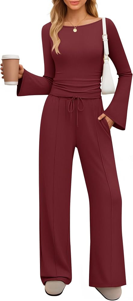 ZESICA Women's 2 Piece Lounge Sets Fall 2025 Casual Long Sleeve Boat Neck Ribbed Tops Wide Leg Pa... | Amazon (US)