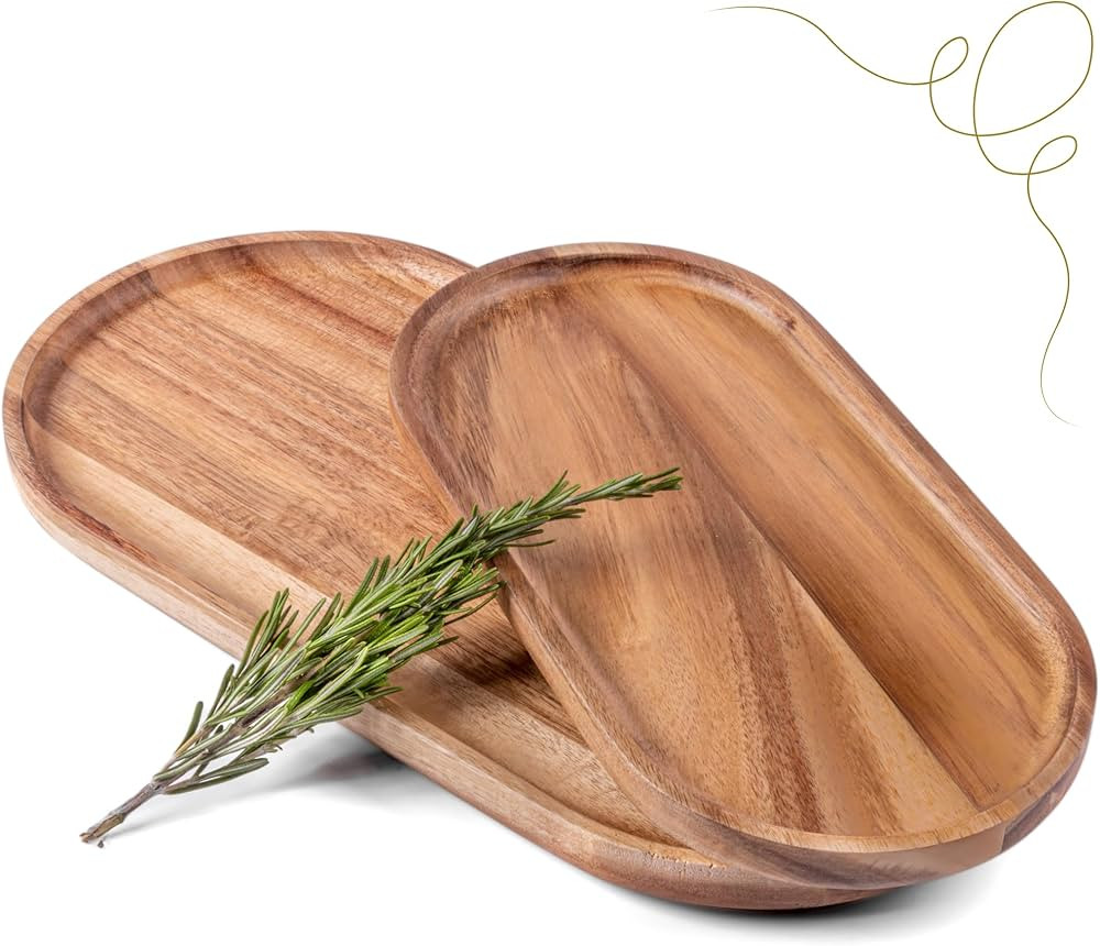 Acacia Wooden Serving Trays Set of 2 - Rectangular Oval Shaped Wood Plates for Charcuterie Cheese... | Amazon (US)