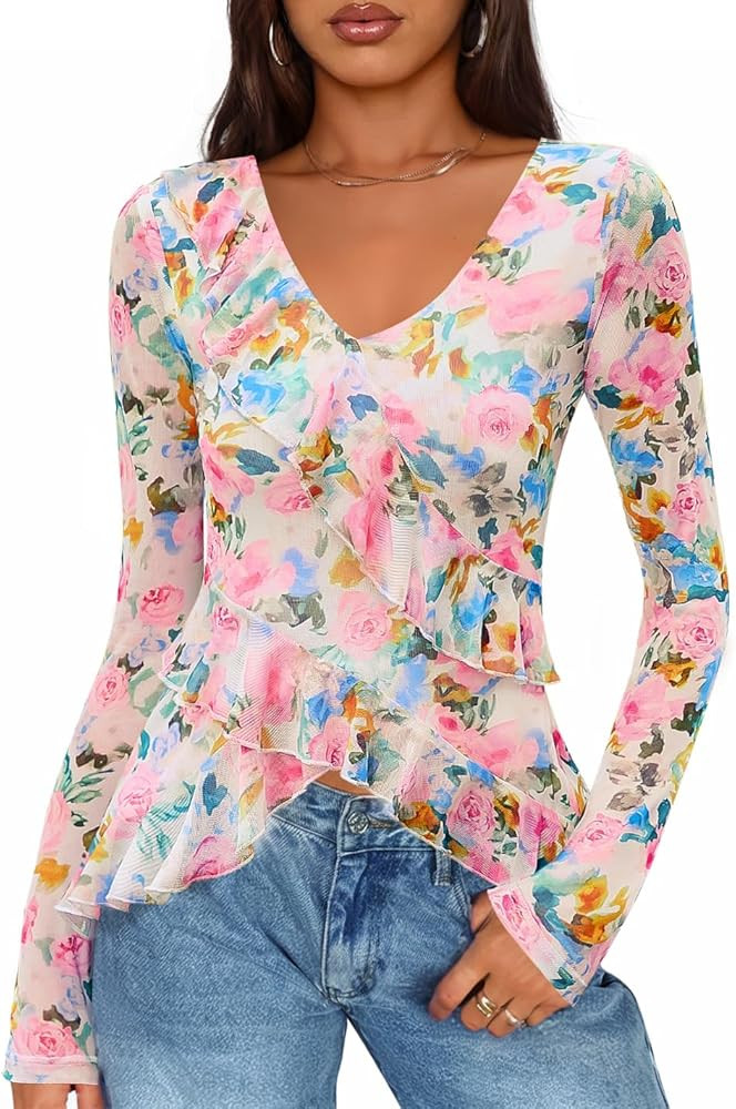 ZESICA Women's Long Sleeve Floral Shirts V Neck Going Out Ruffle Tops Blouses 2026 Fall Fashion C... | Amazon (US)