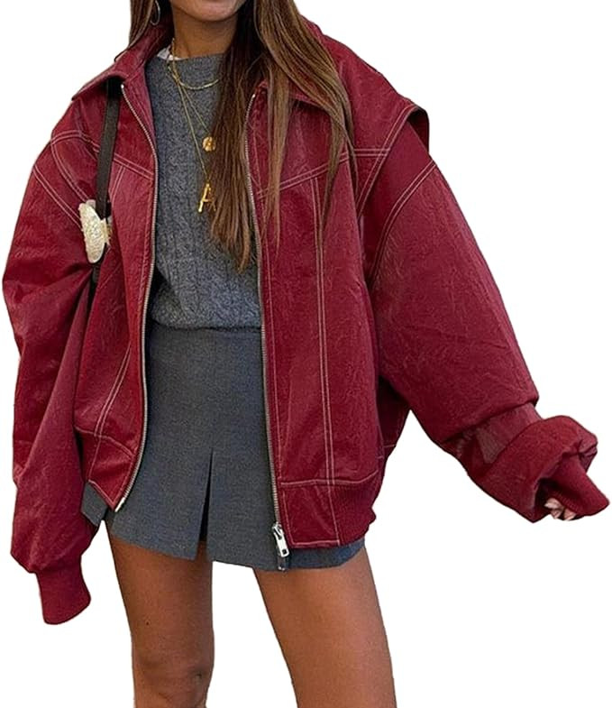 VOIKERDR Womens Oversized Leather Jackets Motorcycle Coats Faux Leather Blazer Biker Jacket | Amazon (US)