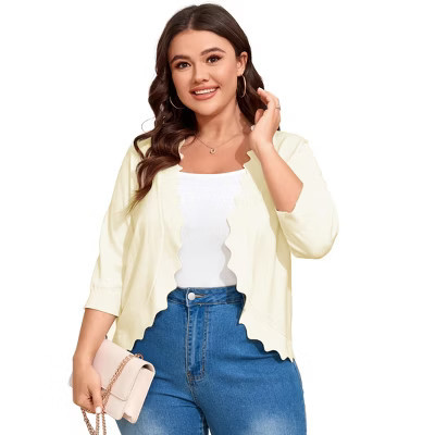 Womens 3/4 Sleeve Knit Cardigan Casual Scallop Hemline Open-Front Shrug Sweaters Apricot 3XL | Target