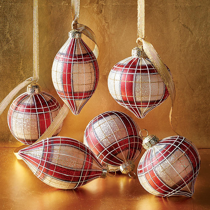 Burgundy, White and Gold Plaid Accent Ornaments, Set of Six | Frontgate | Frontgate