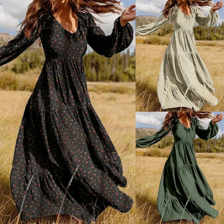 Tejiojio Autumn Winter Fashion Women Casual Floral Printed O-Neck Long Sleeve Dress | Walmart (US)