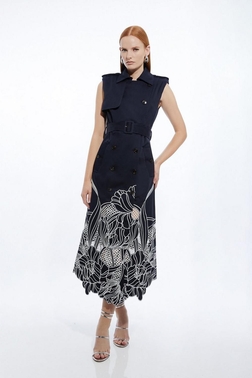 Tailored Cotton Cutwork Embroidered Belted Trench Style Midaxi Dress | Karen Millen UK + IE + DE + NL