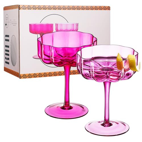 Khen Flower Vintage Wavy Glass Coupes Martini, Champagne & Cocktail Coupes - Set of 2-7oz Colorful Cocktail Glasses & Prosecco, Mimosa Glassware Copyright Design - Hot Pink & Blush | Amazon (US)