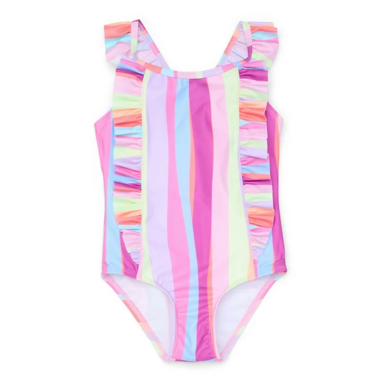 Wonder Nation Ruffle Stripe One-Piece Swimsuit (Girl’s, Sizes 12M-5T) | Walmart (US)