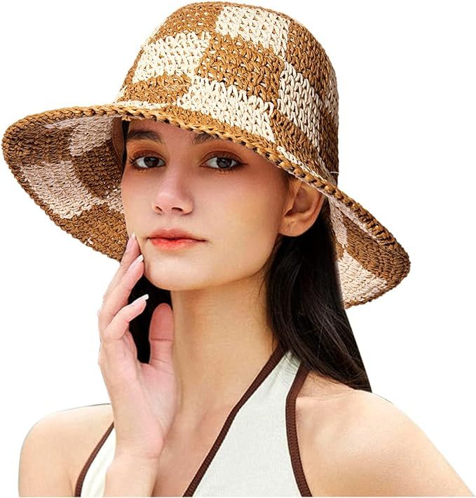 Sun Hats Checkerboard Straw Bucket Hat for Women Packable Crochet Wide Brim Floppy Beach Hats Tra... | Amazon (US)