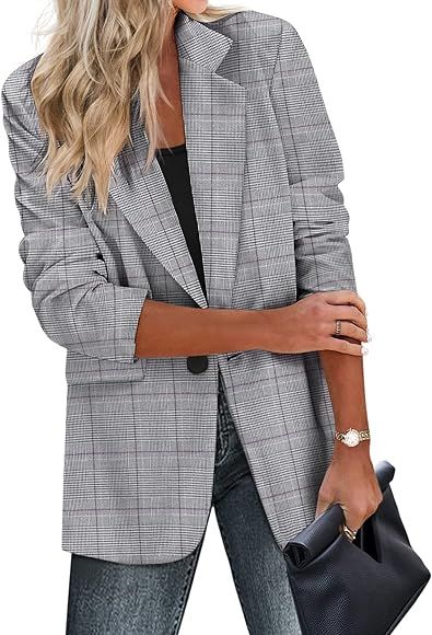 Zeagoo Womens Casual Blazers Pockets Long Sleeve Open Front Work Office Jackets Lapel Button Long Blazer Suit for Bussiness | Amazon (US)