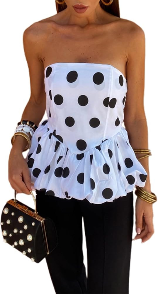 Women Y2K Strapless Peplum Tube Top Sleeveless Bubble Ruffle Hem Bandeau Top Y2k Girls Cute Cami ... | Amazon (US)