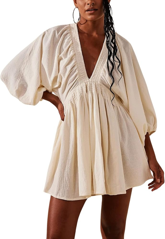 CHARTOU Women's Sexy V Neck Long Sleeve Mini Dress Tunic Babydoll Loose flowy Swing Shift Dresses | Amazon (US)