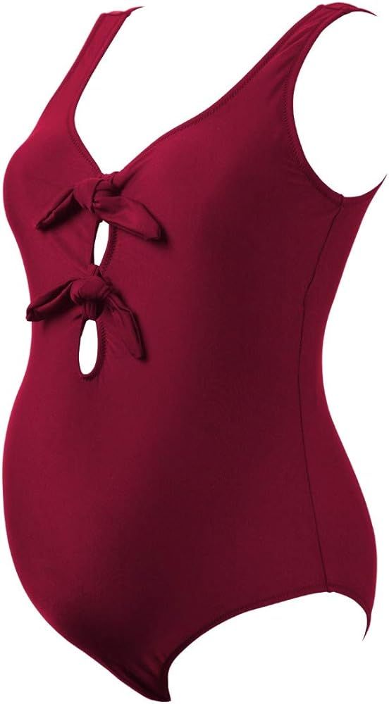 One Piece Maternity Swimsuit Tie Knot Front Swimwear Cutout Beachwear | Amazon (US)