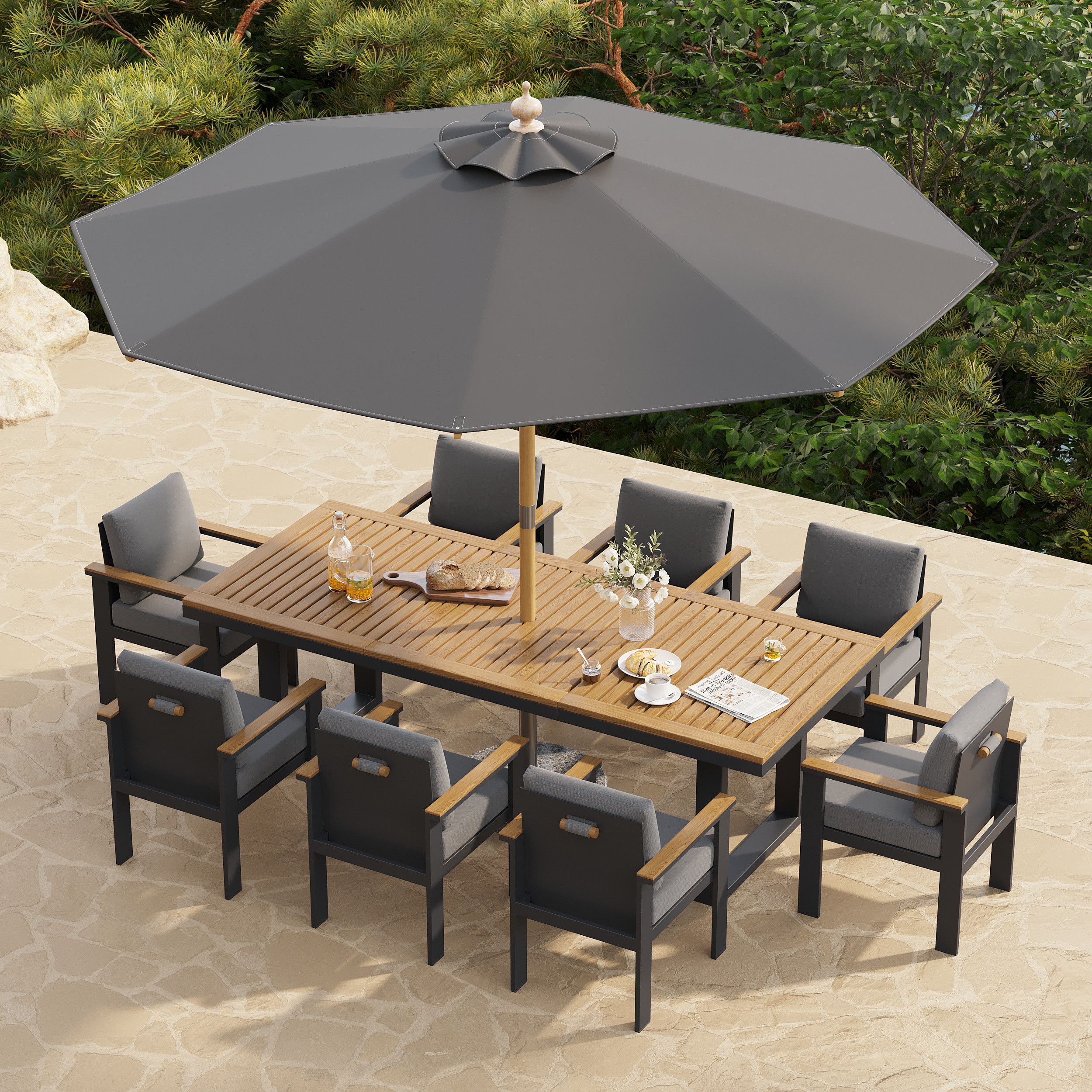 10 Pieces Rectangle Wood & Aluminum Outdoor Patio Dining Set with Central Pillar Umbrell | Homary