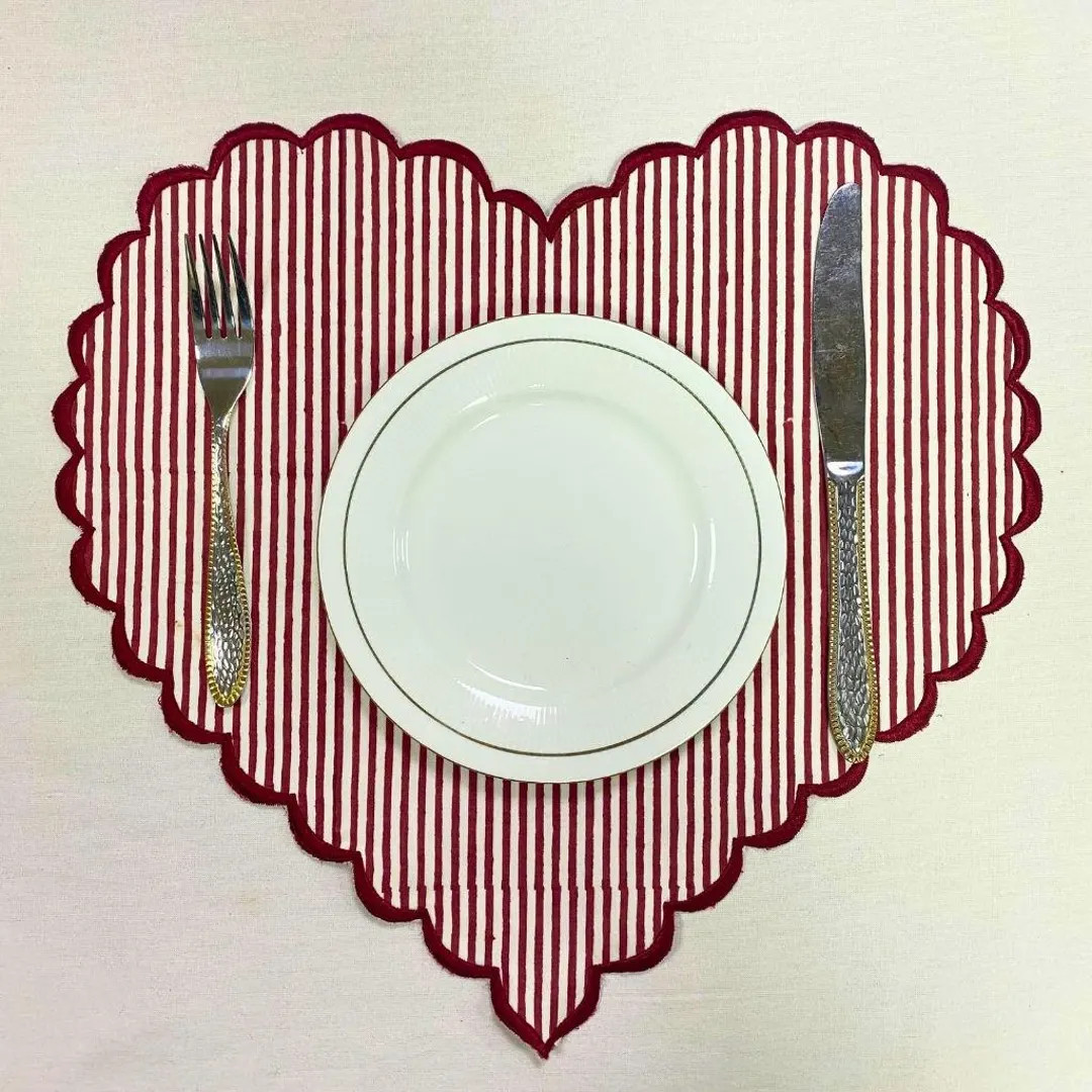 Red Garnet Stripe Heart Placemats, Hand Block Printed Cotton Table Mats With Scallop Embroidery B... | Etsy (US)