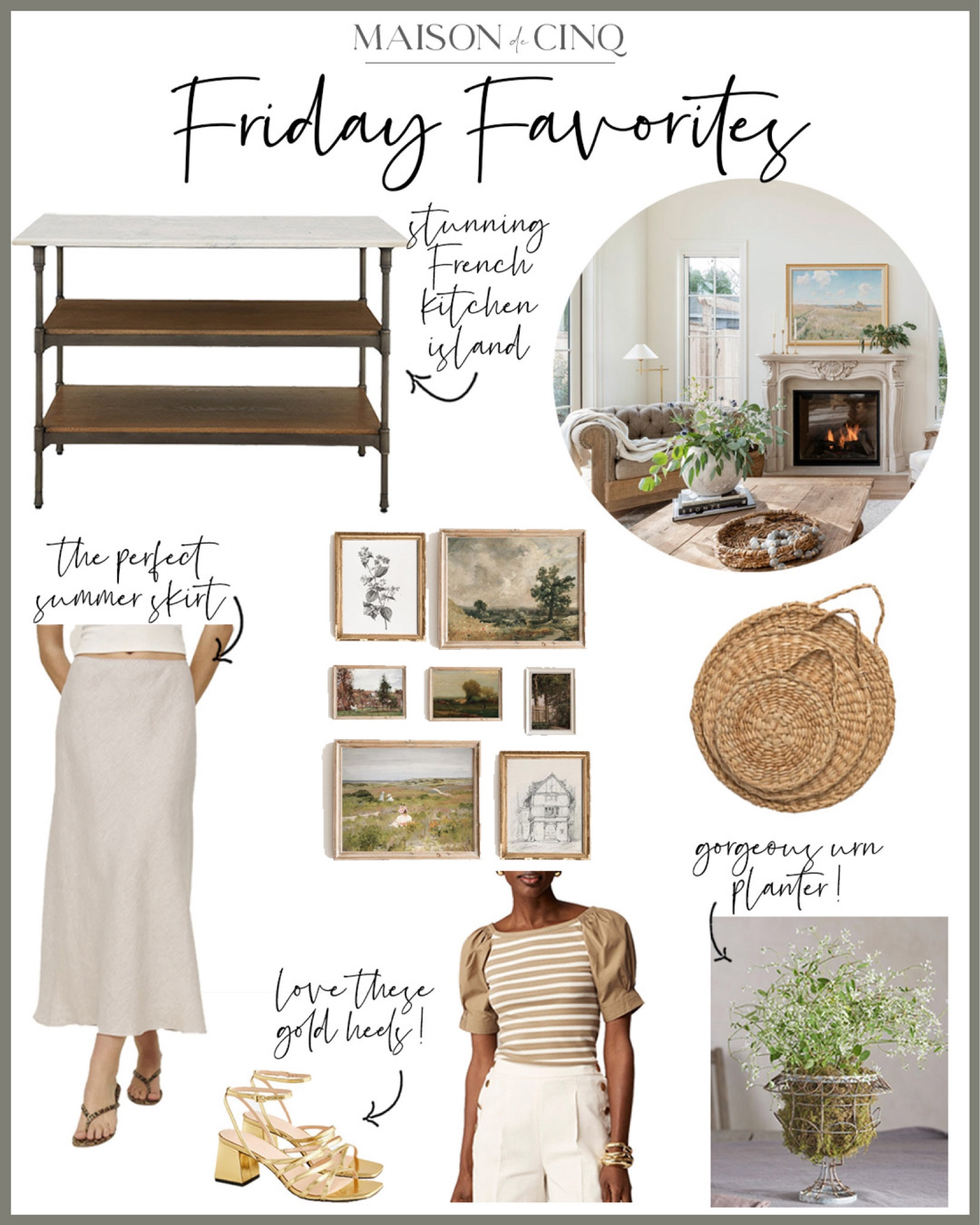 This week’s Friday Favorites is all about our favorite French-inspired decor, furniture and fashion, including a gorgeous coffee table, artwork for a steal, the perfect linen skirt, and more!

#homedecor #summerdecor #summeroutfit #summerdress #slipskirt #art #walldecor #coffeetable #frenchfarmhouse 

#LTKSeasonal #LTKFindsUnder50 #LTKHome
