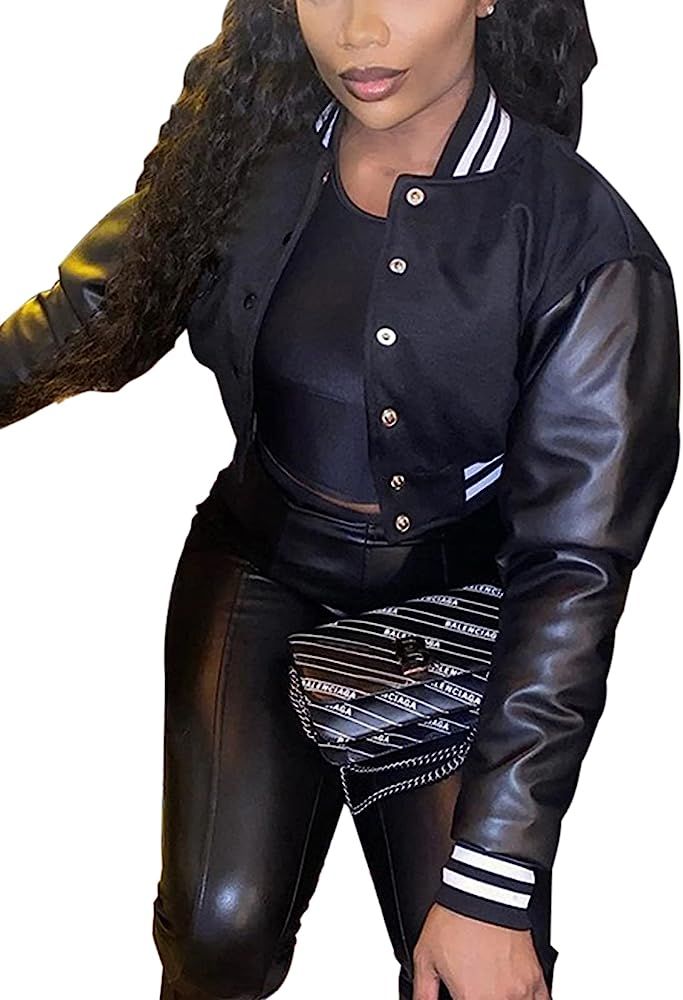 qfmqkpi Women Color block Crop Fleece Baseball Jacket Button Down Bomber Coats Sweatshirt | Amazon (US)