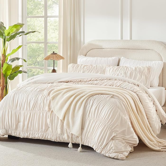 Andency Ruched Beige Full Size Comforter Sets, Shabby Chic Pleatd Bedding Sets 3 Pieces, Lightwei... | Amazon (US)