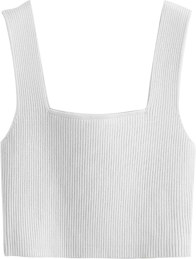 Verdusa Women's Square Neck Sleeveless Solid Rib Knit Crop Top Tank White M at Amazon Women’s C... | Amazon (US)