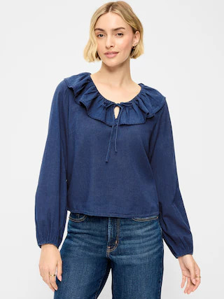 Long-Sleeve Ruffle Tie-Neck Top | Old Navy (US)