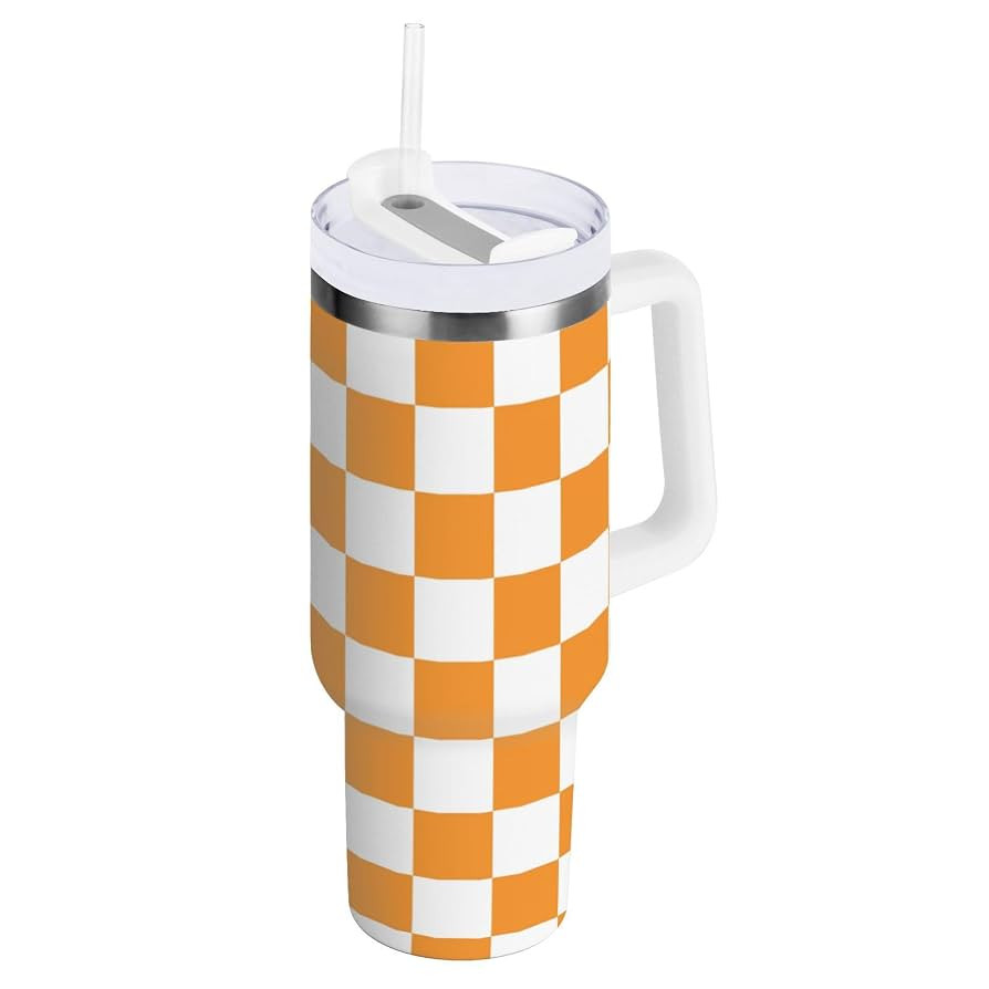 Pigsaly Orange White Squares Plaid 40oz Stainless Steel Vacuum Insulated Tumbler With Lid And Str... | Amazon (US)