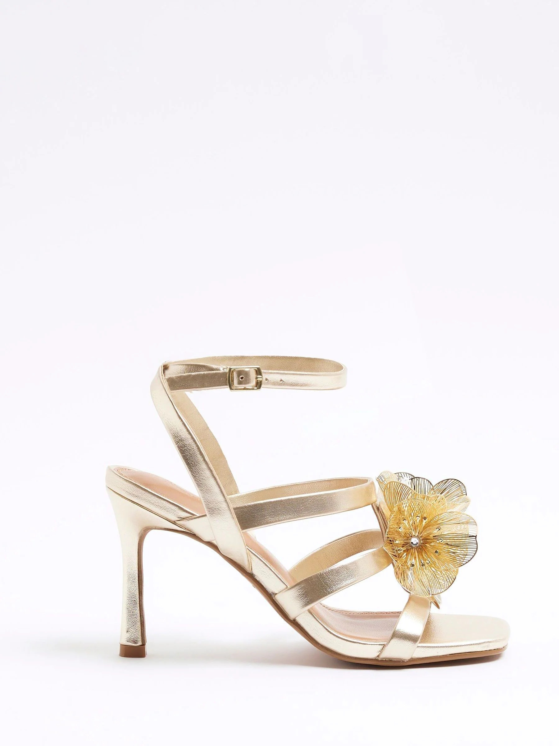 River Island River Island Gold Floral Trim Heeled Strappy Sandals | Next US