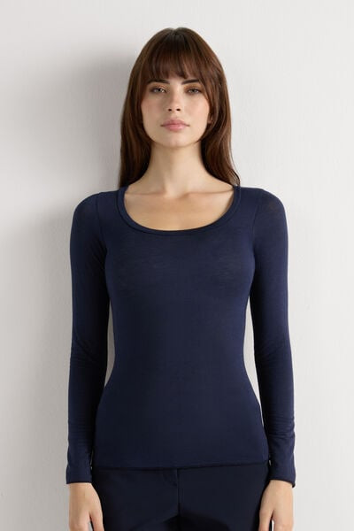 Intimissimi Long Sleeve Scoop Neck Top in Ultralight Modal with Cashmere Woman Blue Size L | Intimissimi (US)