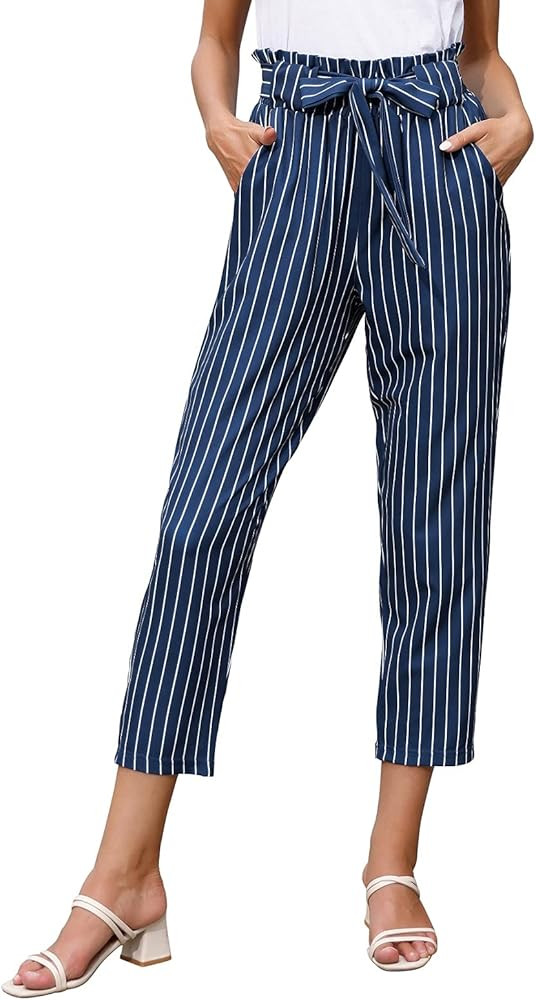 GRACE KARIN Women Pants Striped High Waist Pants Casual Paper Bag Pants with Pockets | Amazon (US)