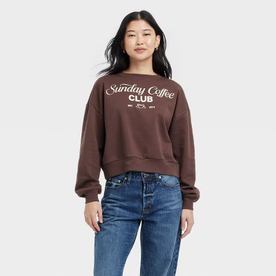 Women's Sunday Coffee Club Cropped Fleece Graphic Sweatshirt - Brown M | Target