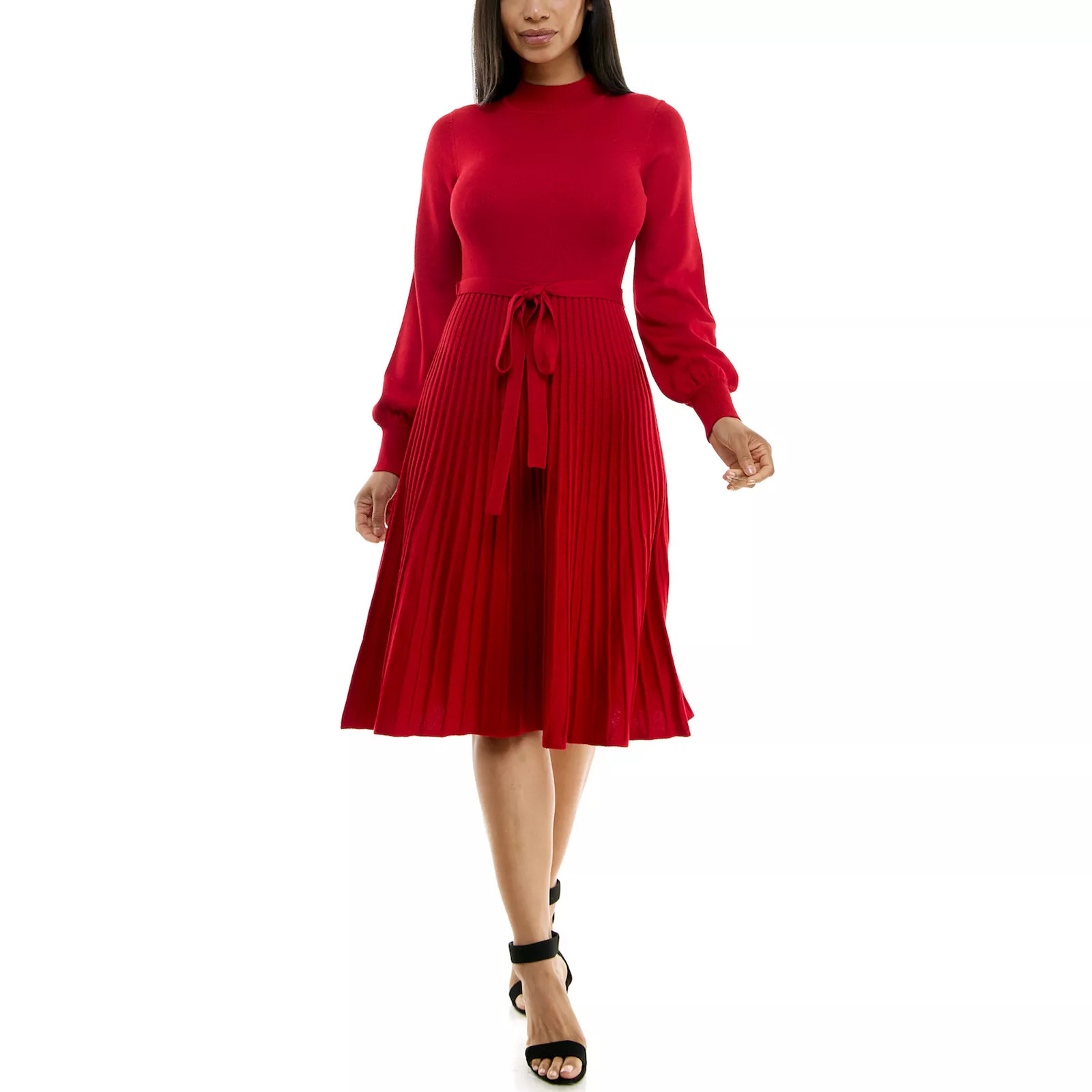 Women's Nina Leonard Balloon Sleeve Pleated Midi Sweater Dress, Size: Small, Red | Kohl's