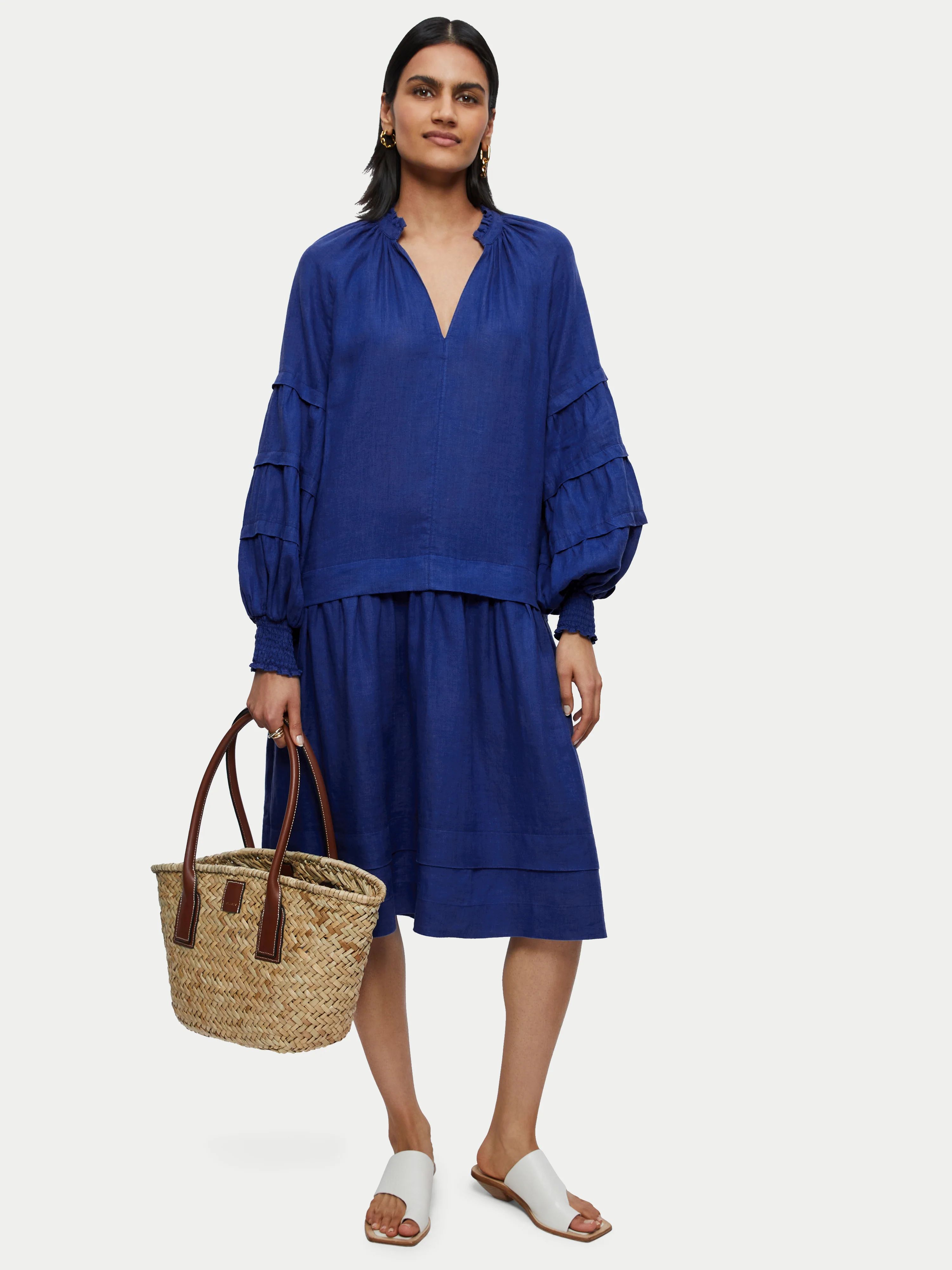 Light Linen Pleat Sleeve Short Dress | Blue | Jigsaw (UK)