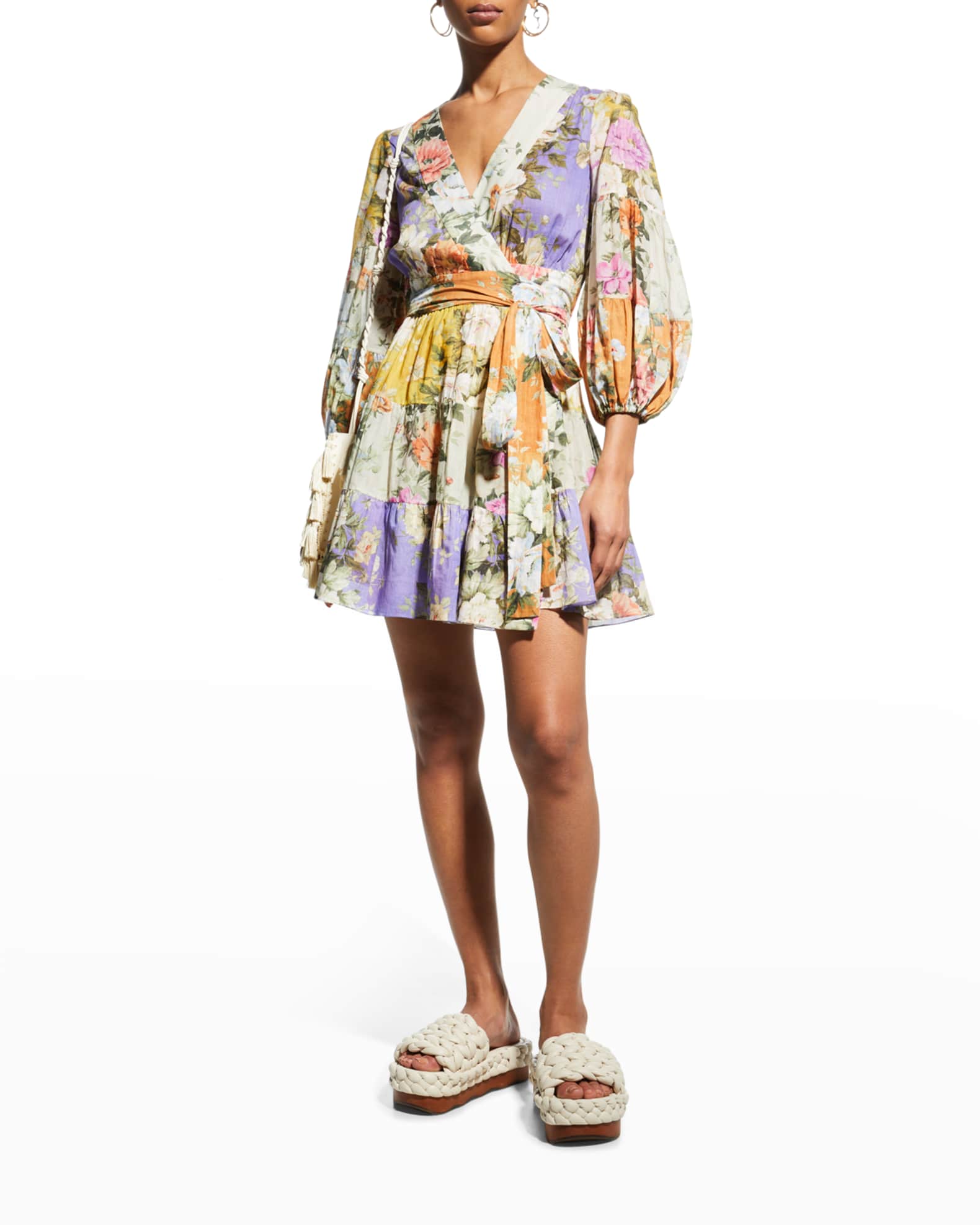 Zimmermann Pattie Floral Wrap Tiered Three-Quarter Sleeve Mini Dress | Neiman Marcus