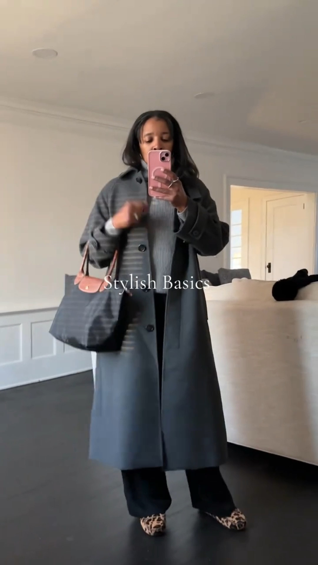 Winter basics black pants cashmere sweater gray over coat animal print loafers Longchamp tote bag #style #basics #winter #fashion #nyc #LTKWorkWear #lTKHoliday #holiday #party 

#LTKootd #LTKgrwm #LTKOver40