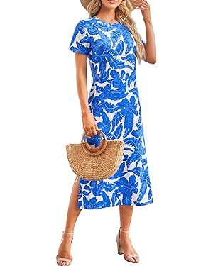 Naggoo Women's Short Sleeve Split Maxi Dress Casual Plain Tie Dye Print Tshirt Long Dresses with ... | Amazon (US)