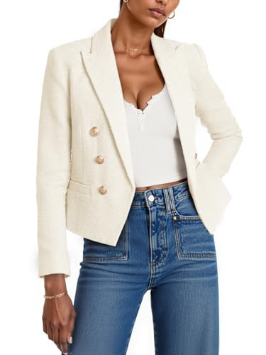 Cicy Bell Women Cropped Tweed Blazer Jackets Lapel Open Front Long Sleeve Business Suit Jackets with Pocket White | Amazon (US)