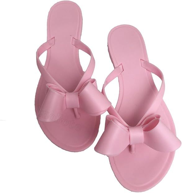 Women Flip-Flops Flat Sandals Leather Bow Sandals Beach Flat Rivets Rain Jelly Sandals | Amazon (US)