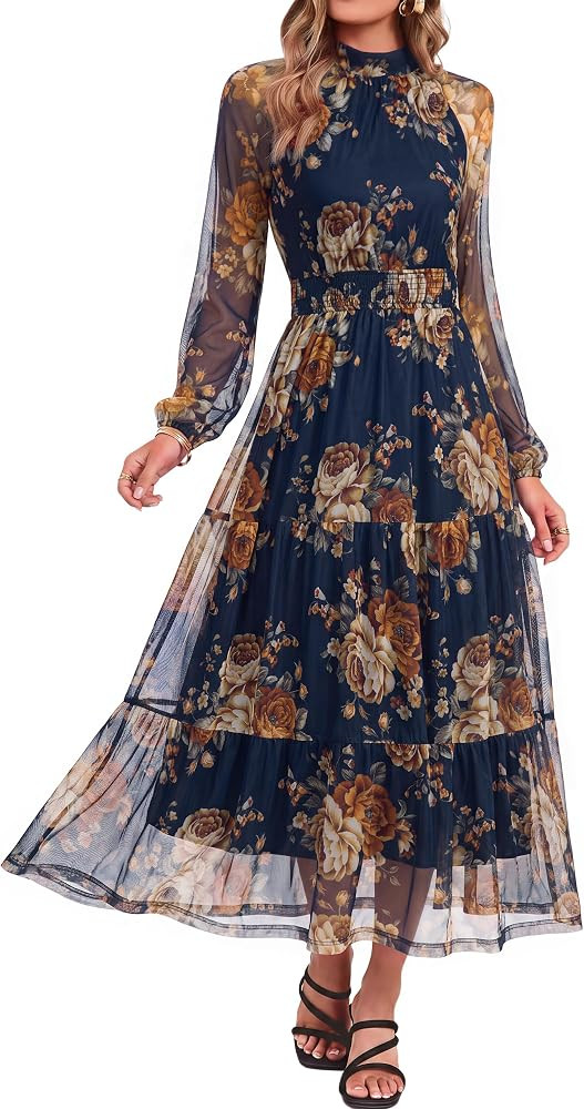 Simplee Womens Floral Wedding Guest Maxi Dress Flowy Mesh Fall Dress | Amazon (US)