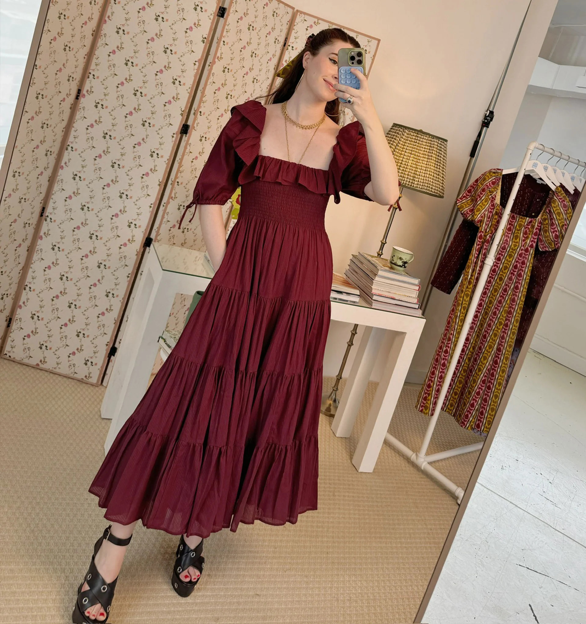 The Corinne Nap Dress - Burgundy Shadow Stripe | Hill House Home US