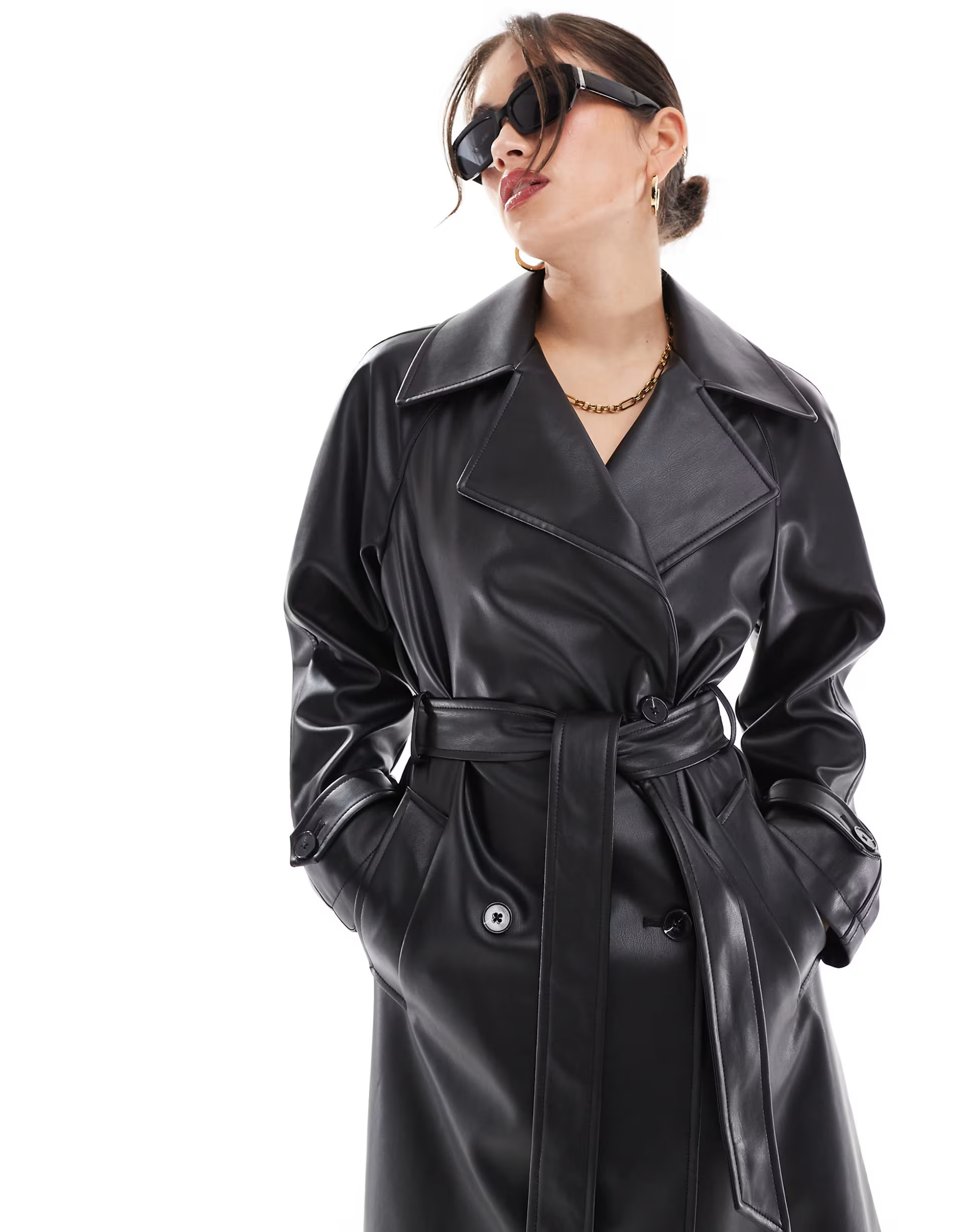 Stradivarius leather look trench coat in black | ASOS (Global)