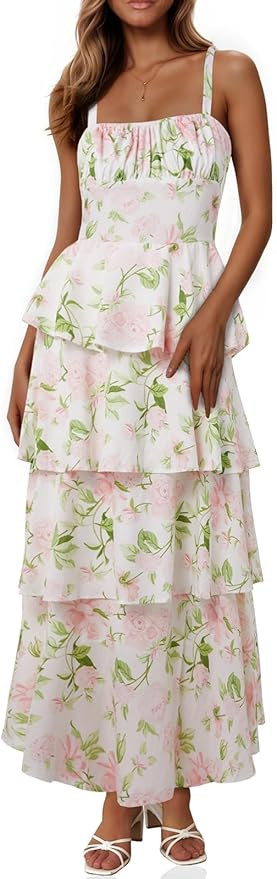 Fisoew Womens Floral Maxi Dresses Spaghetti Strap Casual Sleeveless Ruffle Flowy Tiered Dress | Amazon (US)