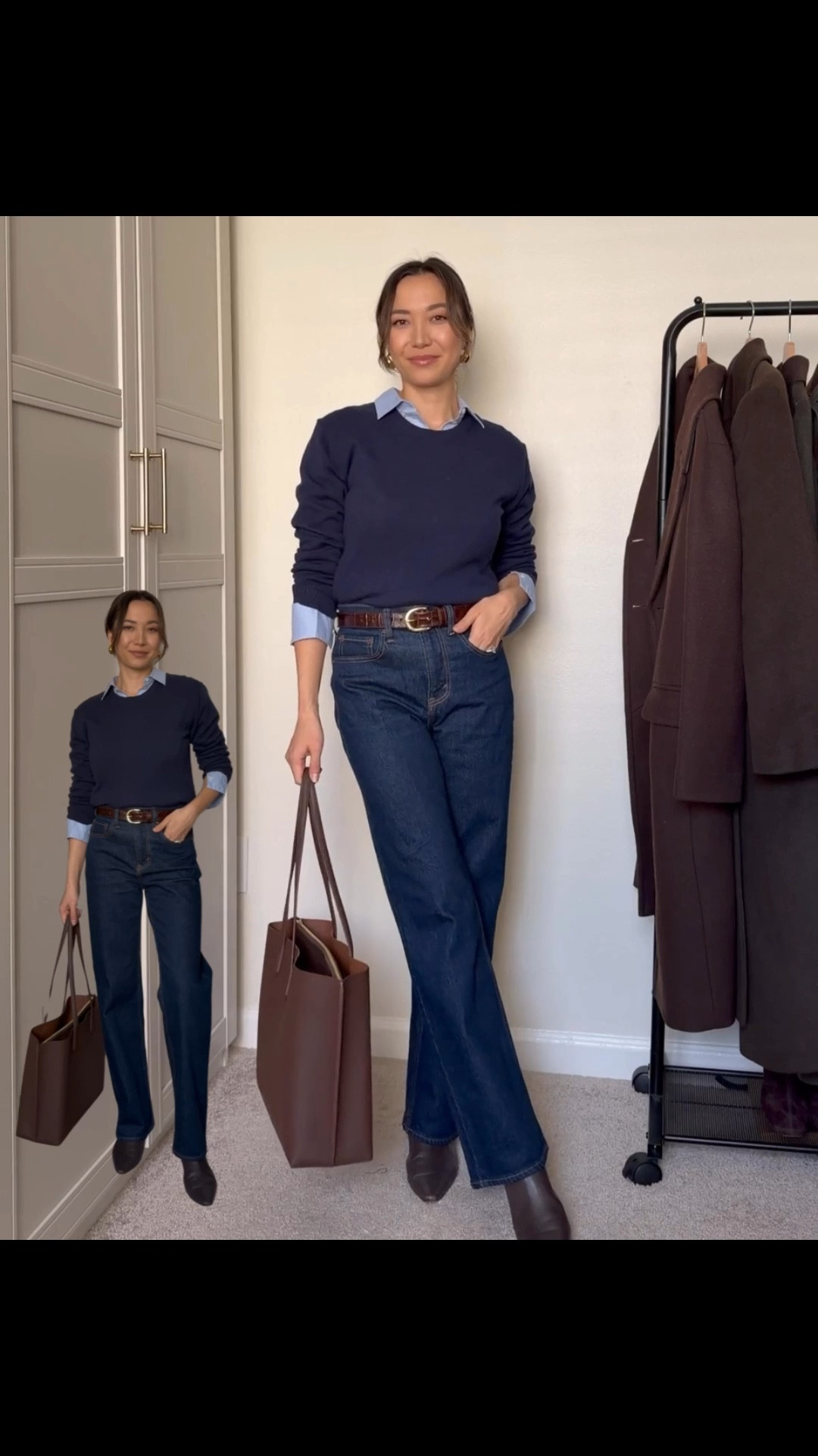 Classic work outfit 

Navy sweater 
Everlane Light blue button up shirt 
Jcrew belt 
Abercrombie relaxed jeans — size 25 
Jcrew booties 
Quince leather tote 

#LTKWorkwear