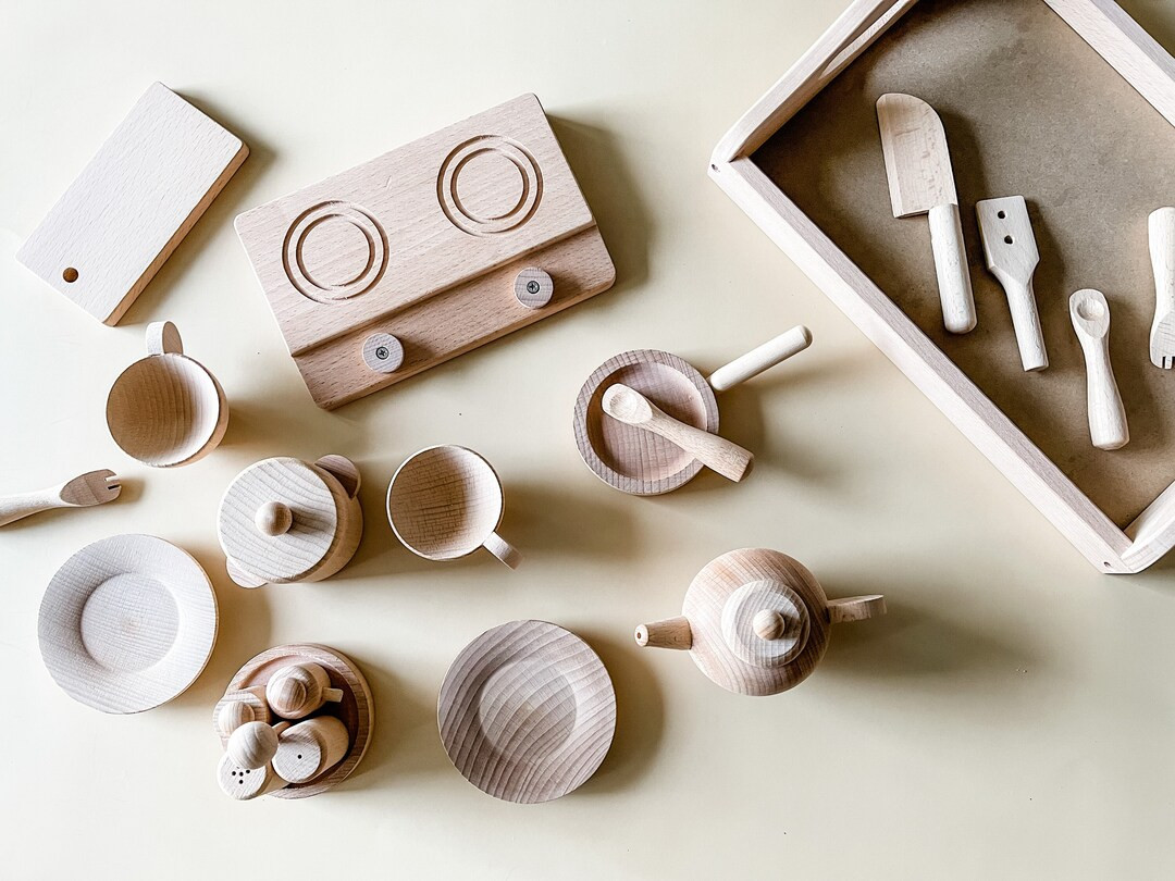 Montessori Wooden Handmade Kitchen Pretend Play Set- 22 pc Wooden- Toddler Gift- Raw Wooden Toys-... | Etsy (US)