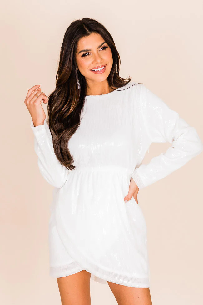 Lavender Haze White Sequin Wrap Skirt Mini Dress | Pink Lily