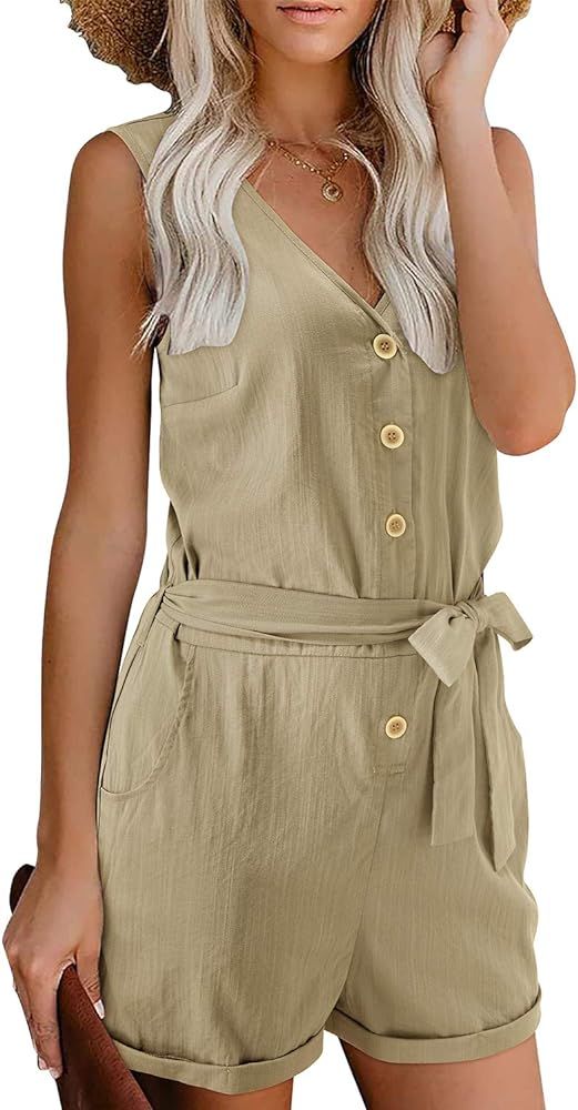 LAISHEN Womens Summer Sleeveless Button Down Rompers V-Neck Short Jumpsuits with Pockets | Amazon (US)