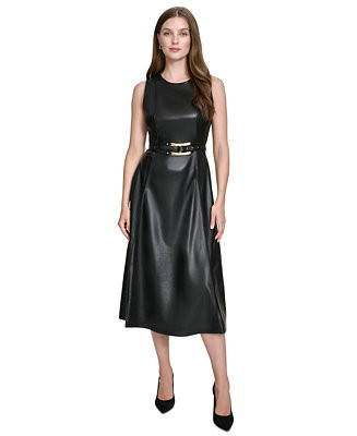 Halston Women's Faux-Leather Belted Sleeveless Midi Dress - Macy's | Macy's