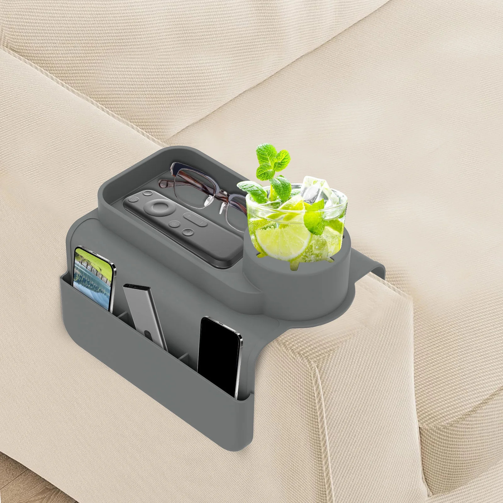 Grusce Silicone Sofa Couch Cup Holder, Sturdy Sofa Armrest Tray with Side Pocket, Easy to Install... | Walmart (US)