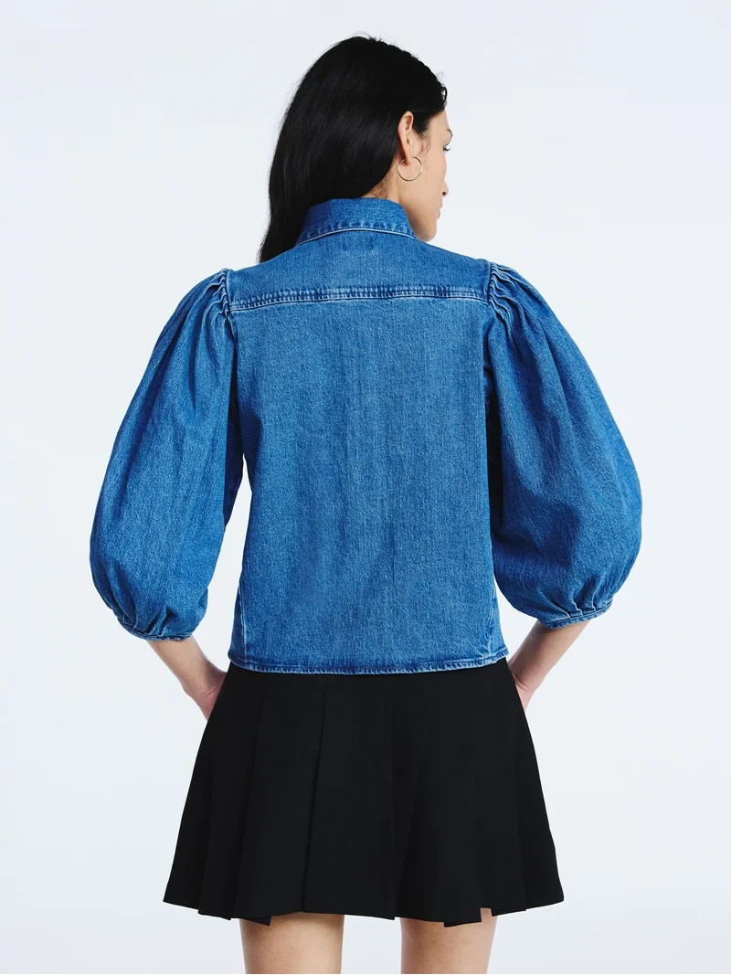 Scoop Women’s Denim Shirt with 3/4 Length Puff Sleeves, Sizes XS-XXL | Walmart (US)