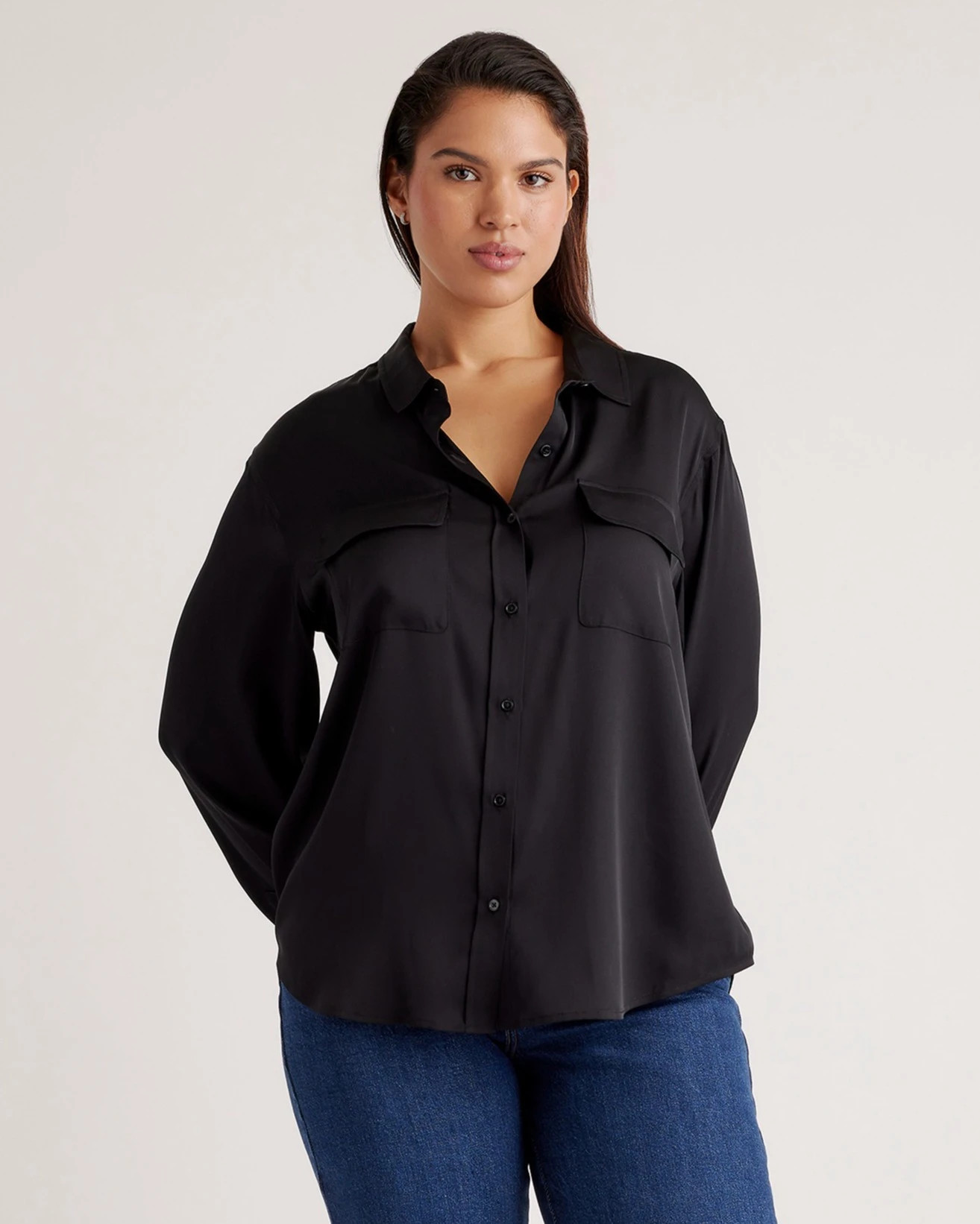 Quince | Women's Washable Stretch Silk Utility Long Sleeve Blouse in Navy, Size XL | Quince