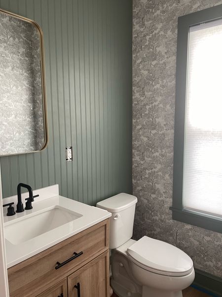 Our half bathroom Reno is almost done. This vintage wallpaper with the green color and the gold mirror is absolutely breathtaking. I’m so glad I made the bold choice to wallpaper three out of the four walls in this bathroom. 

#bathroommakeover
#vintagewallpaper

#LTKhome #LTKunder50