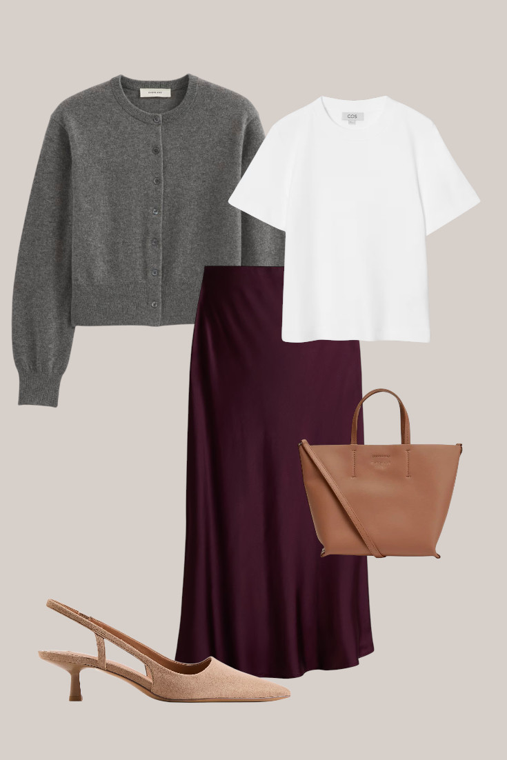 Burgundy satin skirt + cardigan
A satin skirt is one of my favourite pieces for that summer-to-fall transition. Styled this burgundy one with a simple white tee, grey cardigan, neutral slingbacks and a tan tote. 

 #LTKautumn #LTKdatenight #LTKstyletip