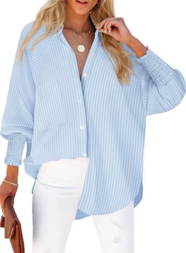 Womens Smocked Cuffed Striped Boyfriend Shirt Casual Collar Long Sleeve Oversized Button Down Blouse Tops with Pocket Shirred | Amazon (US)